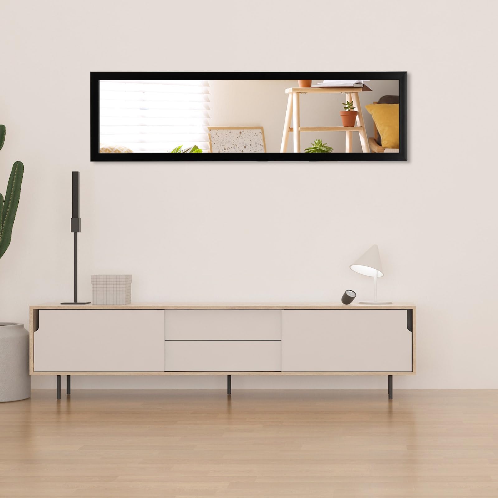 LIFEZEAL Grote wandspiegel 120 x 37 cm, hangspiegel met 2 haken, rechthoekige spiegel voor slaapkamer, badkamer, woonkamer (zwart