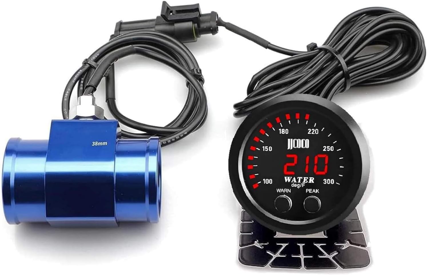 Universal 52mm Water Temperature Gauge with Alarm and 1/8 Npt Sensor Car Digital Meter Red Display Green Ambient Light Temp 100-300F(-17~187C)