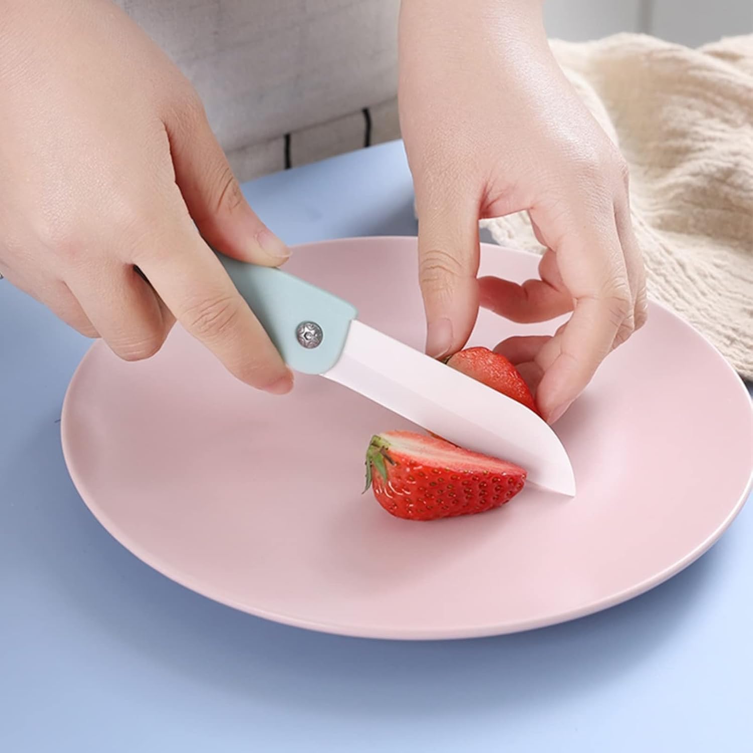 SBA PRIME Ceramic Kitchen Knife | Sharp Lightweight Fruit & Vegetable Cutter with Non-Slip Handle & Safety Blade Cover | Travel Utility Knife β Blue 4