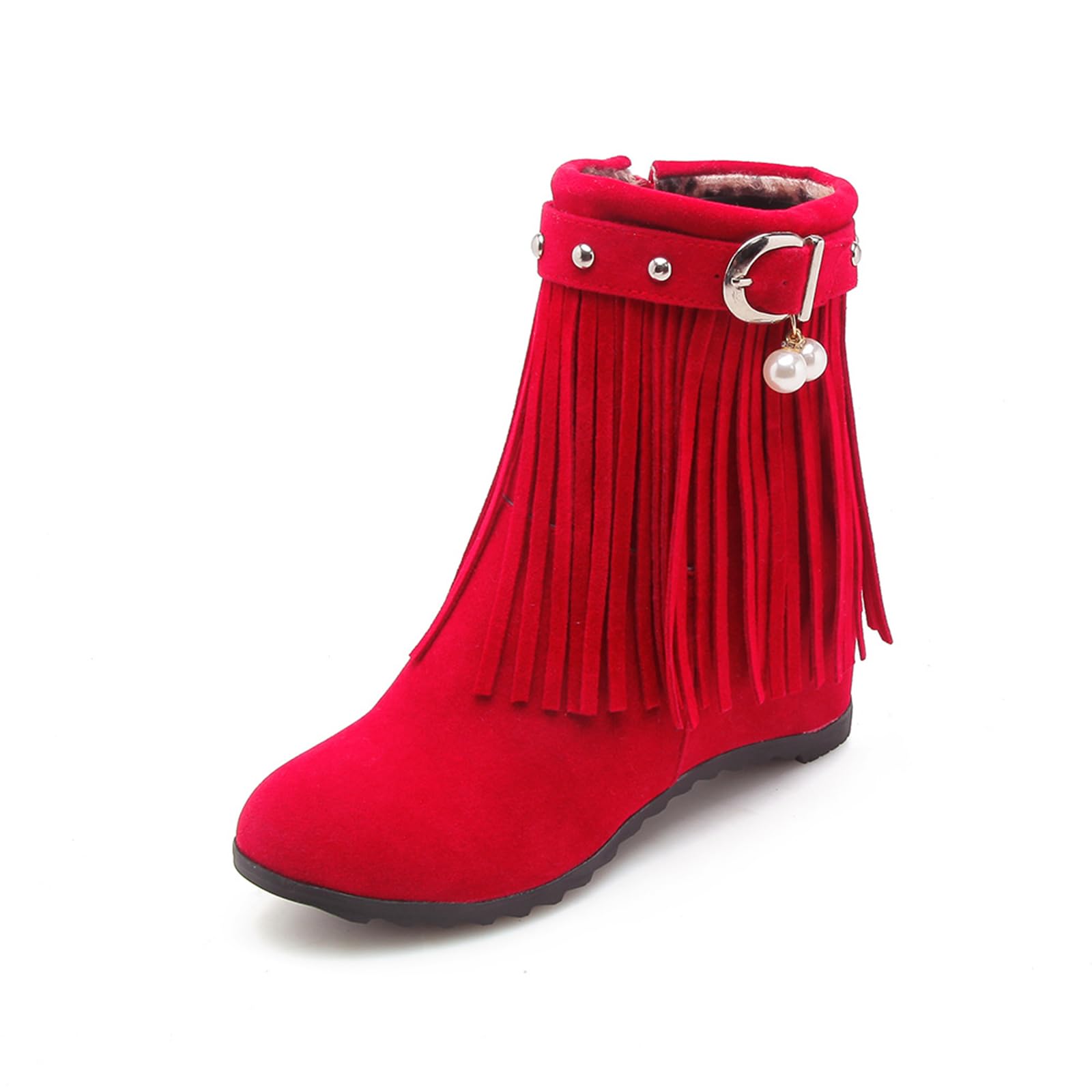 Ephirebra Women's Suede Tassel Wedge Ankle Boots Side Zipper Buckle High Top Cowgirl Boots Fashion Comfortable Non-Slip Platform Booties (red,8,8)