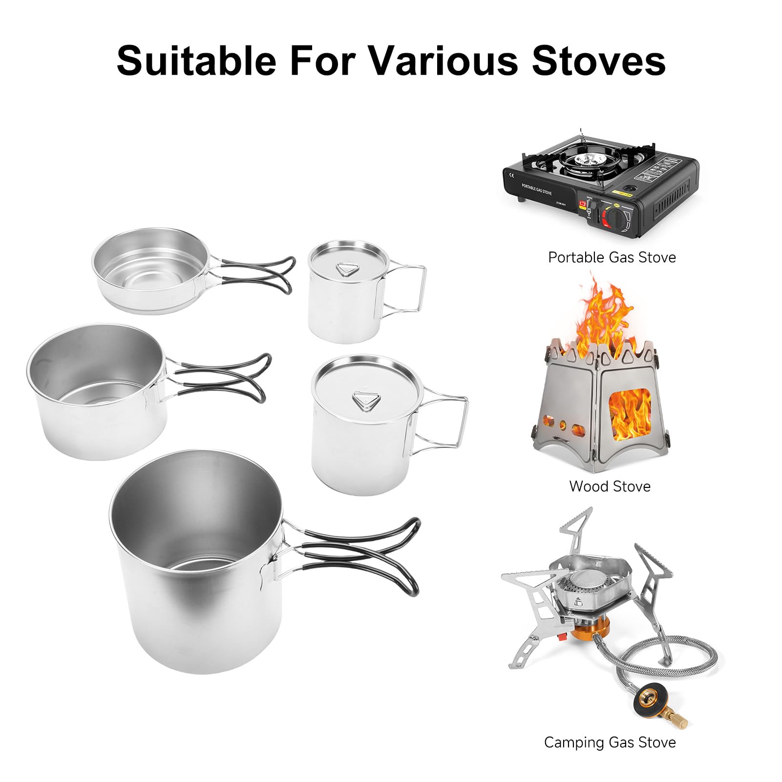 Set di Campeggio in Acciaio Inossidabile con Casseruola, Stufa, Calice e Borsa per Viaggi, Escursioni, Pesca