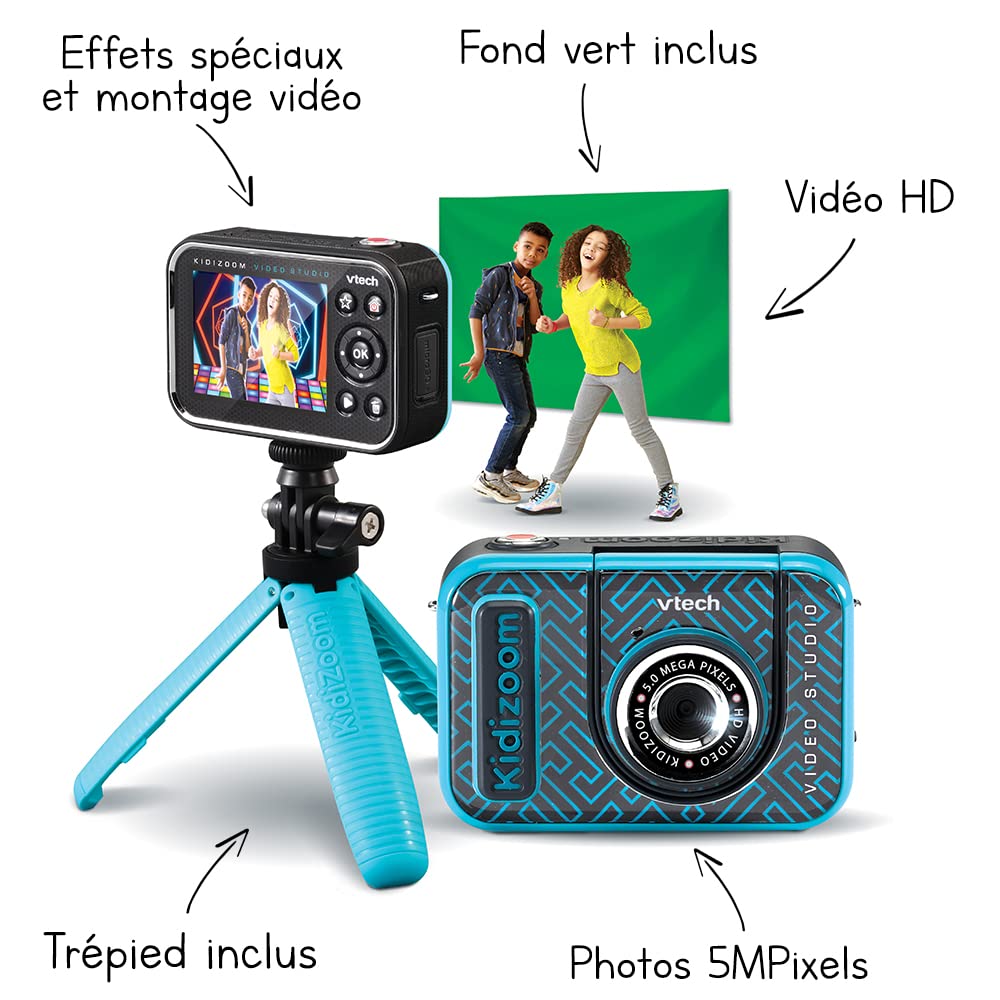 VTech - KidiZoom Vidéo Studio HD, Appareil Photo Numérique Enfant, Photo, Selfie, Vidéo HD, Écran Couleur avec Trépied et Fond Vert, Cadeau Enfant de 5 Ans à 12 Ans - Contenu en Français