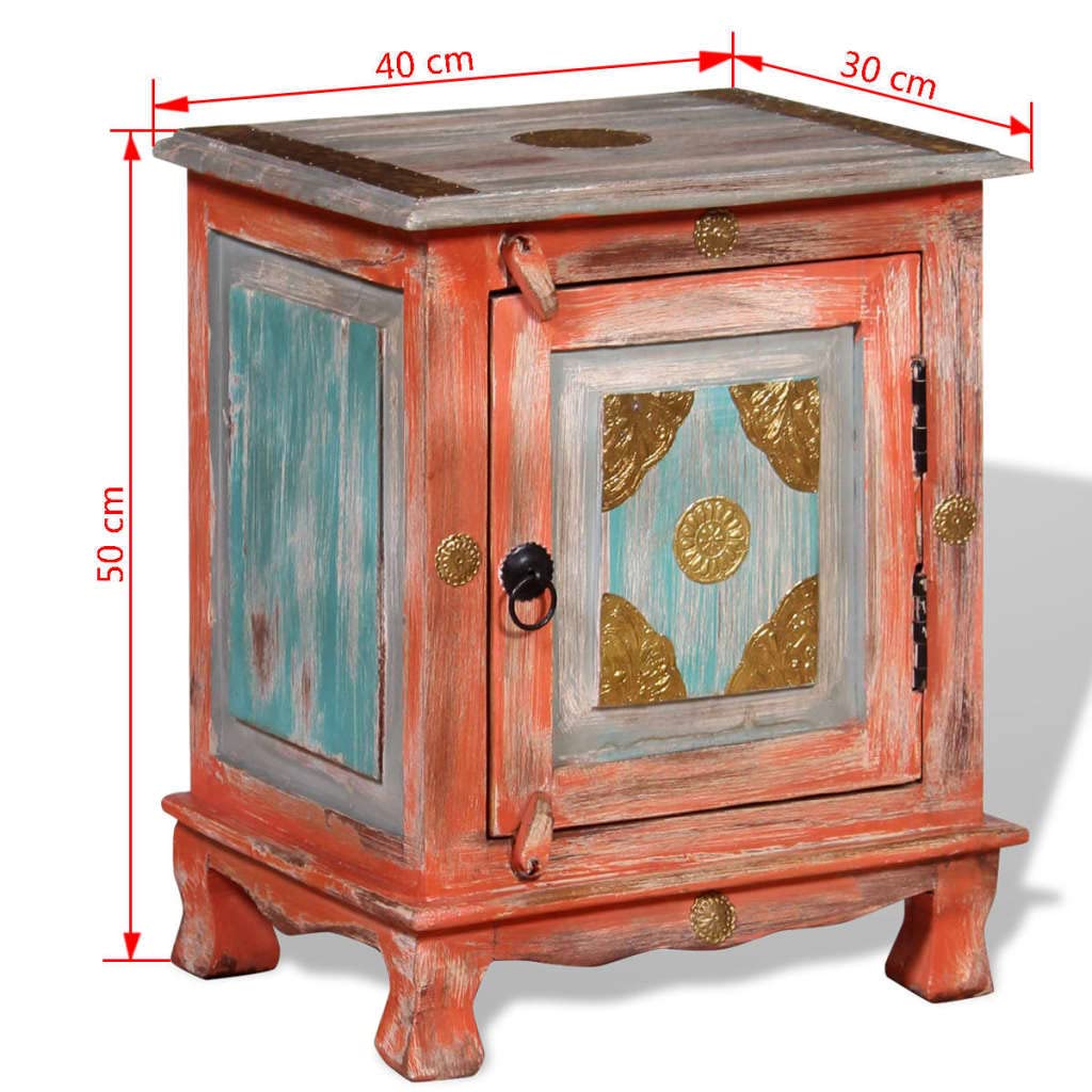 Stolik nocny z litego drewna mango pomarańczowy ręcznie wykonany 40 x 30 x 50 cm z dużymi drzwiami i mosiężnymi okuciami w indyjskim stylu vintage jako stolik pomocniczy i stolik nocny do