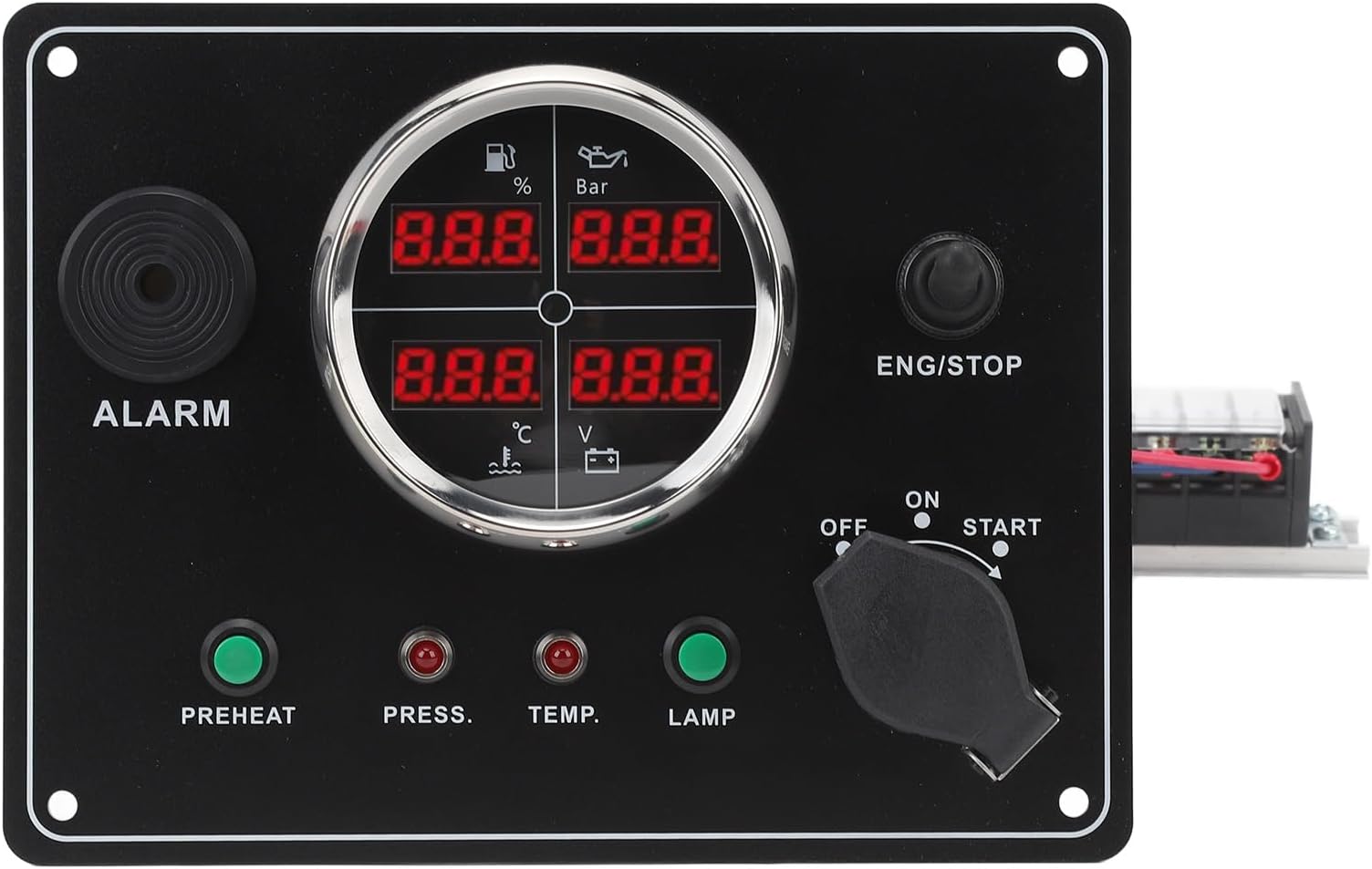 gernie Boat Gauges Panel, Monitoring Oil Level Water Temperature Voltage Oil Pressure Meter 4 in 1, Engine Speed Red Backlights, 5 Gauge Set Stainless Steel, for Yachts Speedboats (Black)