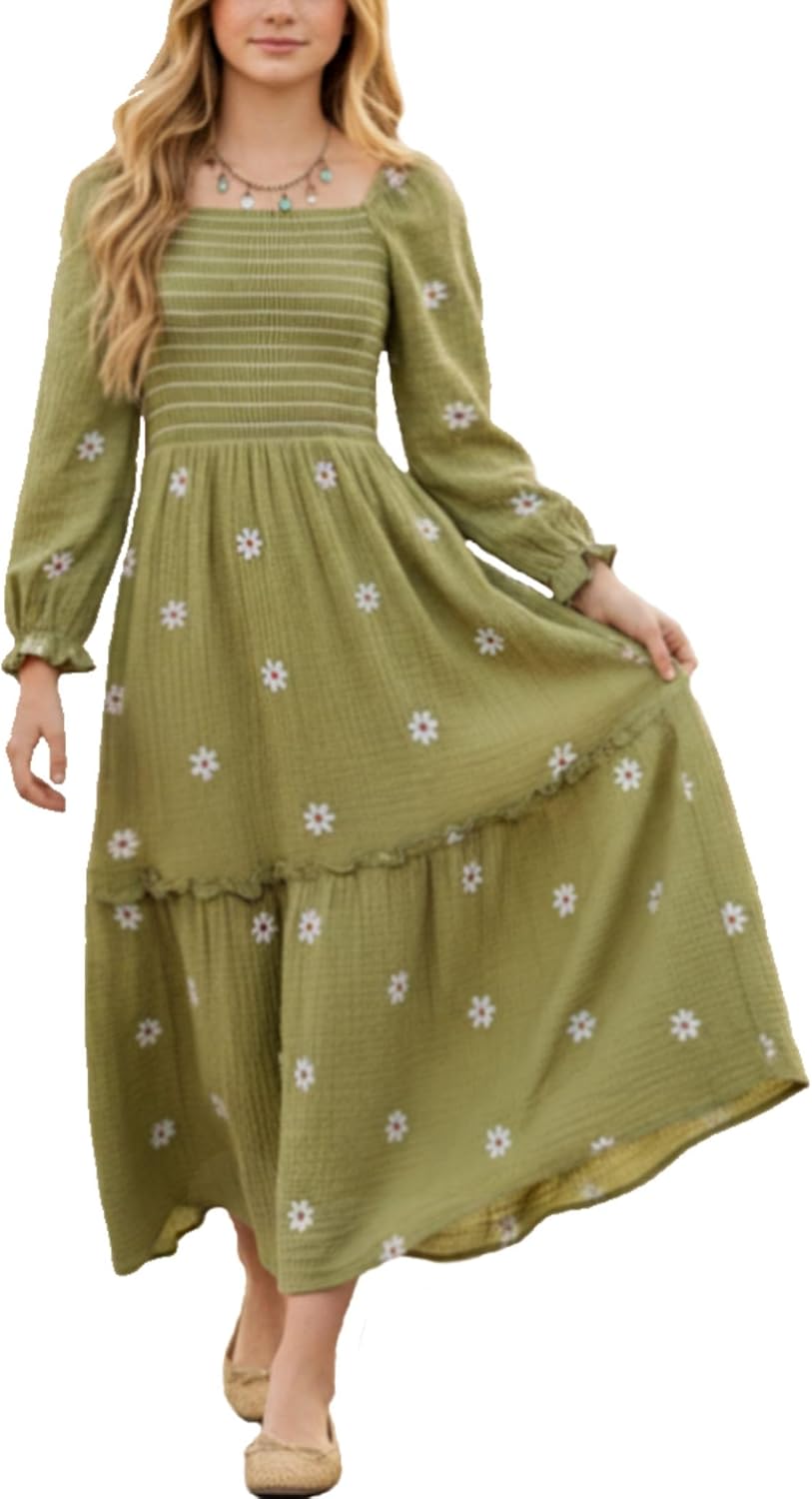 Sunny Spirit Girls Dresses Spring Maxi Tween Boho Floral Long Puff Sleeves Square Neck Embroidered Smocked Dresses 5-14 Years