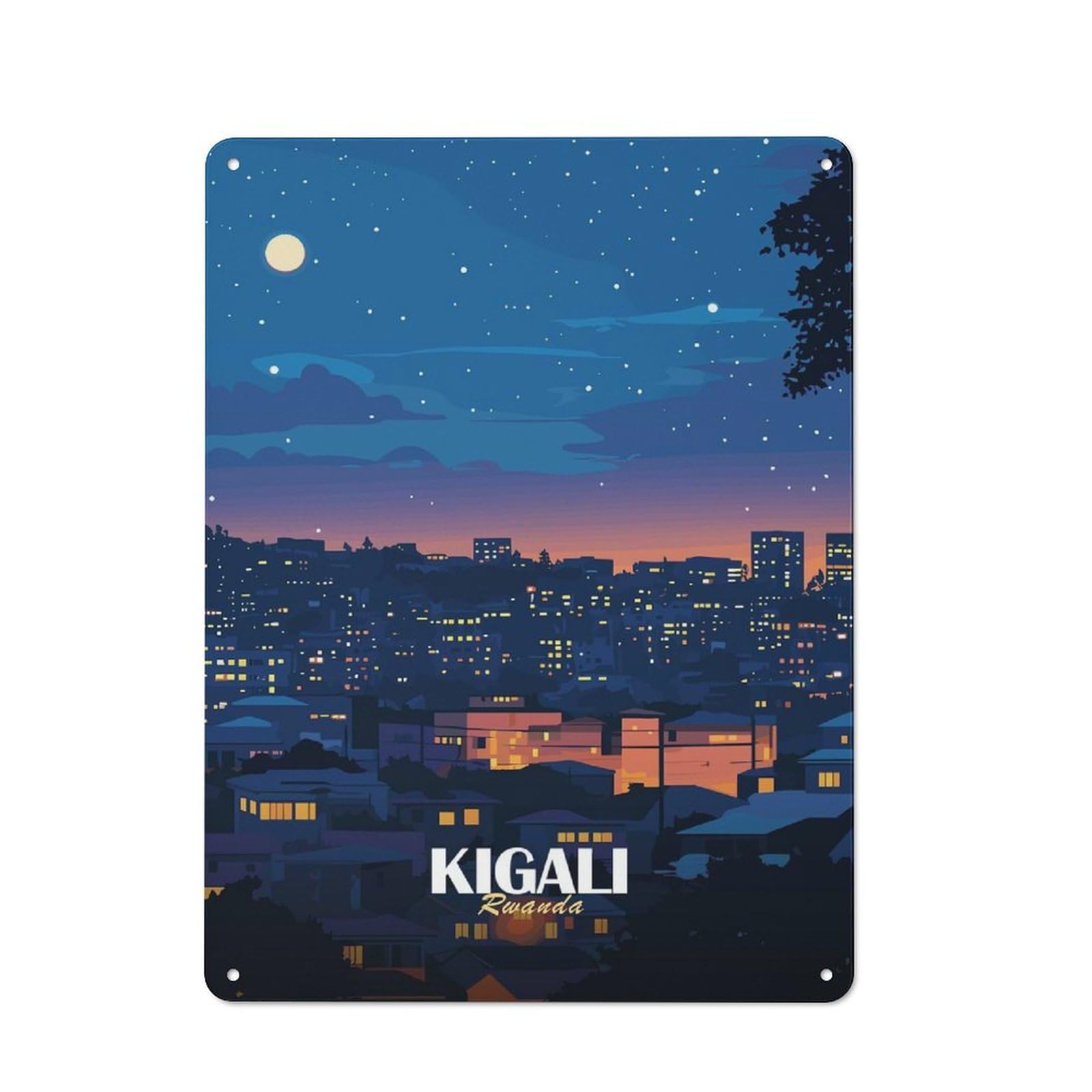 Shed Style Rustic Tin Sign 40x30cm Featuring Kigali Rwanda Cityscape at Night, Utility Space Decor for Conservatory, Home Bar Or Utility Room