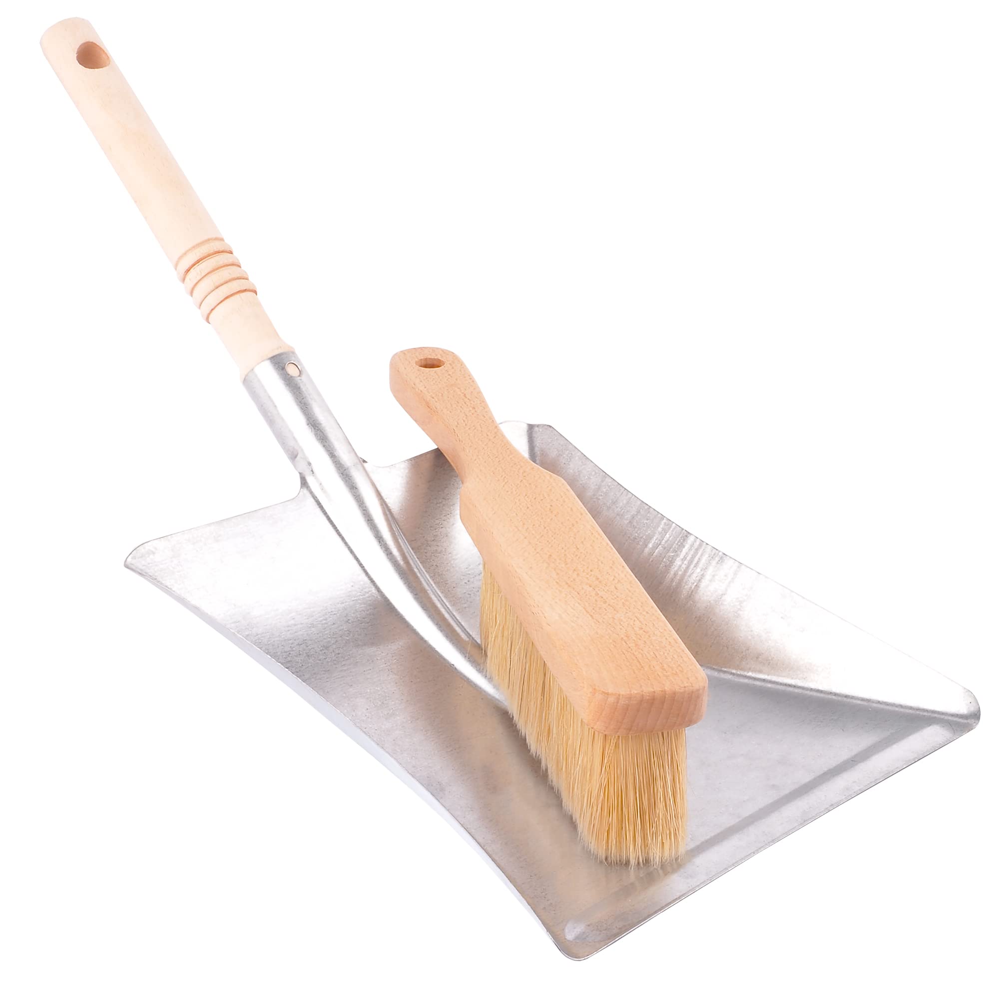 2 Stück Besen mit Kehrschaufel Set Handbesen Schaufel Kehrgarnitur Kehrblech und handfeger Metall Verzinkt Handfeger und Schaufel kaminbesen verzinkte Kehrschaufel mit Holzgriff Robust