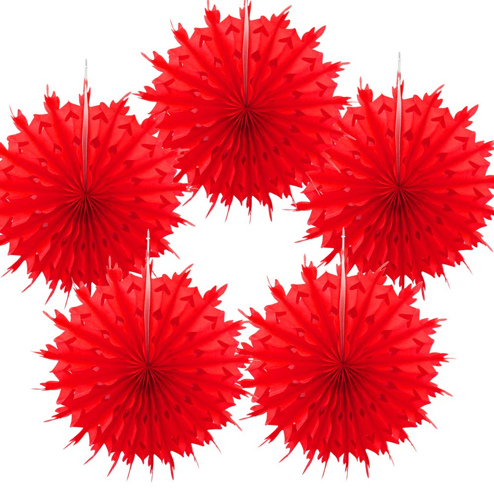 Time to Sparkle 14"(35cm)-5pcs Hanging Fans Tissue Paper Fan Paper Flowers Baby Shower Birthday Wedding Snowflake Christmas | Fan-red |