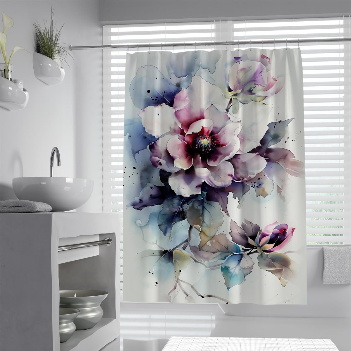 UIRINGART Magnolia Flower Bathroom Curtain W180xL220cm Ink Splatter Botanical Art Anti Mould Waterproof Polyester Fabric Easy Care Shower Curtain