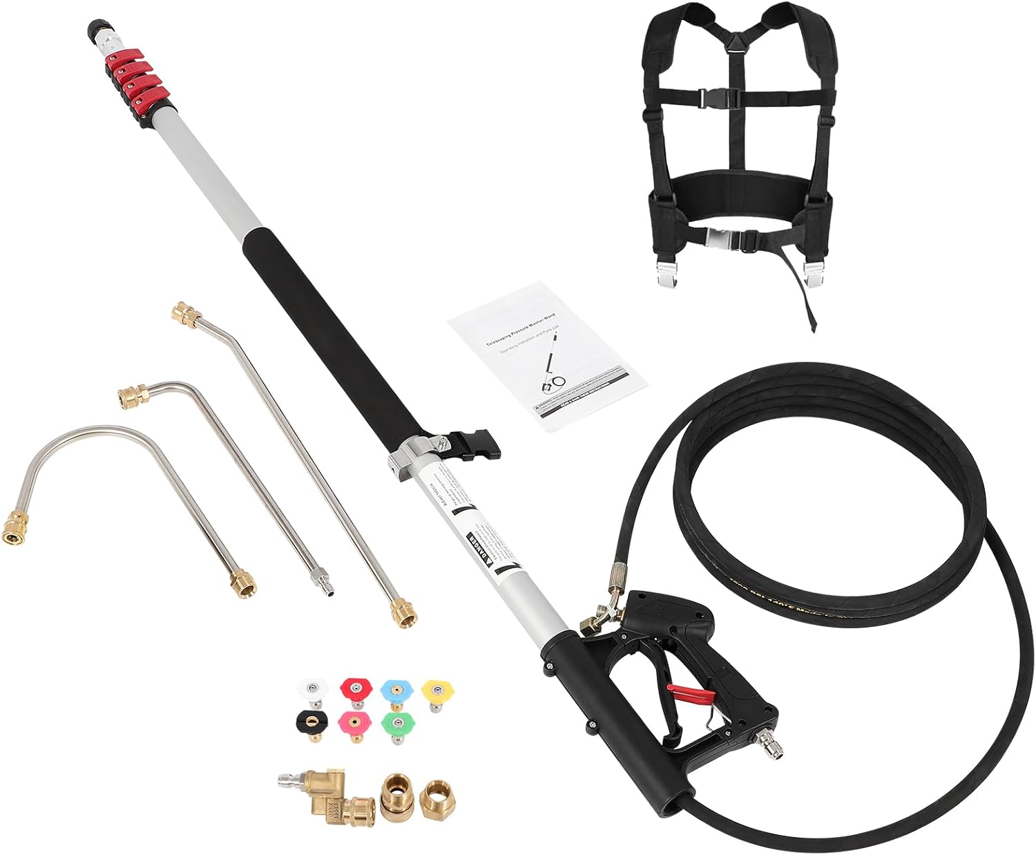 Dollate Telescoping Pressure Washer Wand, 24FT Power Washer Extension Wand with 7 Spray Nozzles Tips, 2 3/8" Hose Inlet Adapters, Support Harness, 4000 PSI Gutter Cleaner for Roof Wall Clean