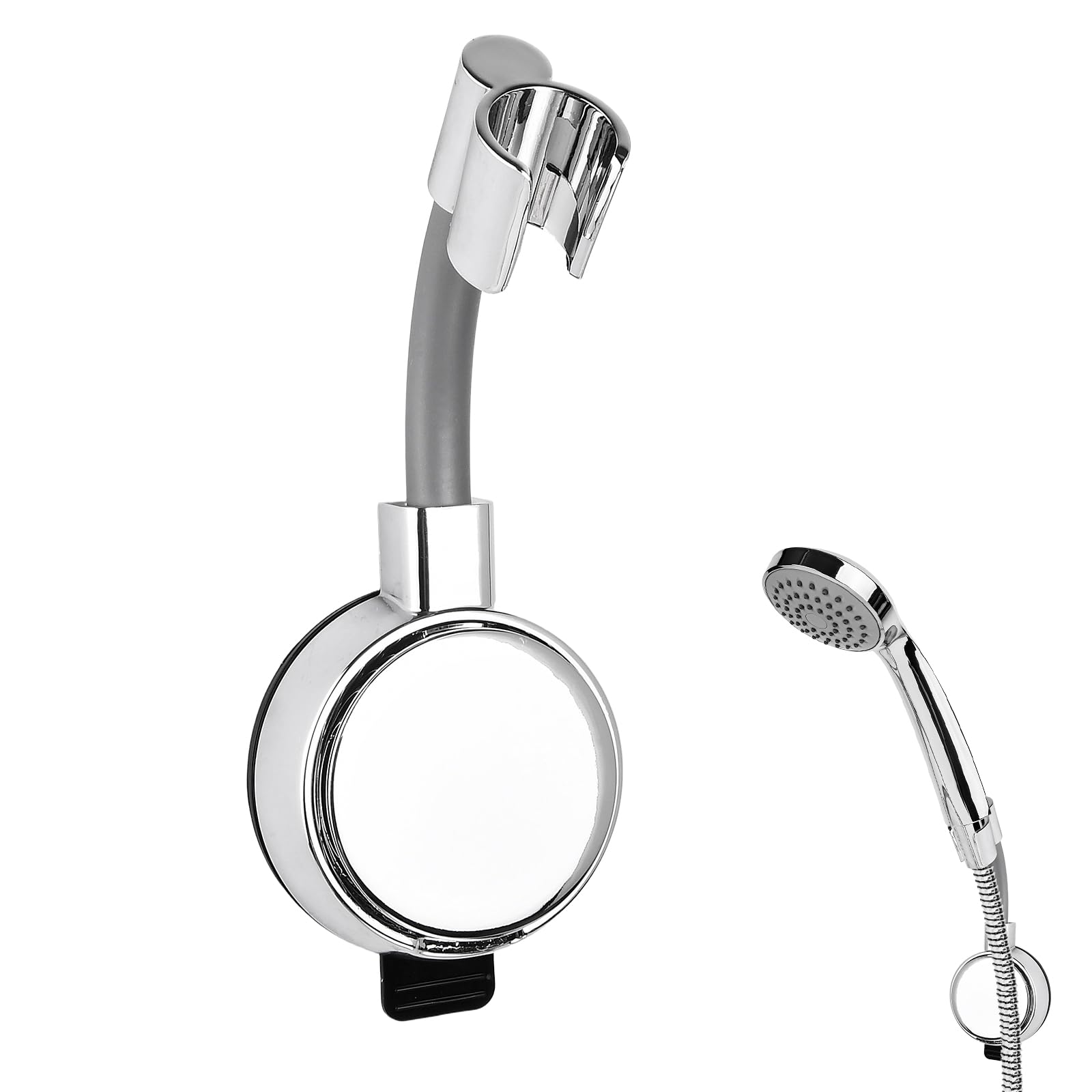 Soporte Alcachofa Ducha, Universal Soporte para Ducha Adhesivo, Ventosa Fuerte, Ajustable en Altura, para Azulejos Lisos & Vidrio, para Baño Hotel, Sin Taladrar (Plateado)