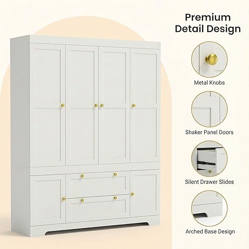 Miniatura 5 de Armario de 4 puertas blanco de 71 pulgadas con 2 cajones grandes y asas doradas, armario de almacenamiento independiente para colgar ropa