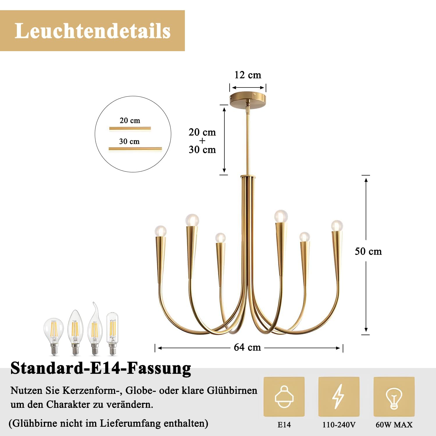 KCO Lighting Lampadario a Candele Dorato,Vintage Altezza Regolabile Lampadari Soggiornoa 6 Luci,Classico Moderno Industriale per Sala da Pranzo Cucina Isola Camera da Letto E14