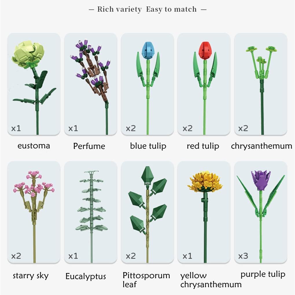 Flowers Bouquet Building Set, DIY Artificial Flower Bouquet Set, Indoor Home Decor Display, Unique Creative Birthday Gifts for Women, Boys and Girls