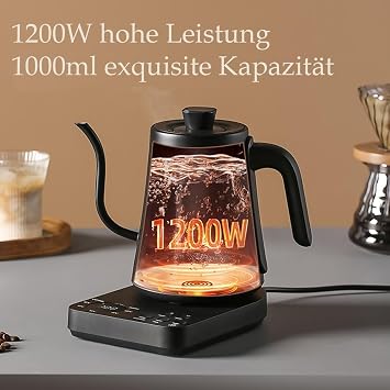 Stainless Steel Electric Water Boiler with Thermostat, 1-Liter Gooseneck Kettle, Kitchen Kettle, 1000 Watt Teapot, 90° Right Angle Spout, 304 Stainless Steel, Black