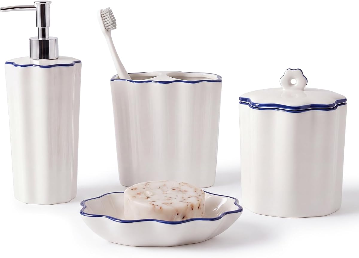 Zhehao Juego de accesorios de cerámica para baño festoneado, 4 piezas, juegos de accesorios de baño con soporte para cepillo de dientes, dispensador de jabón, jabonera, tarro de algodón, organizador de encimera (azul)