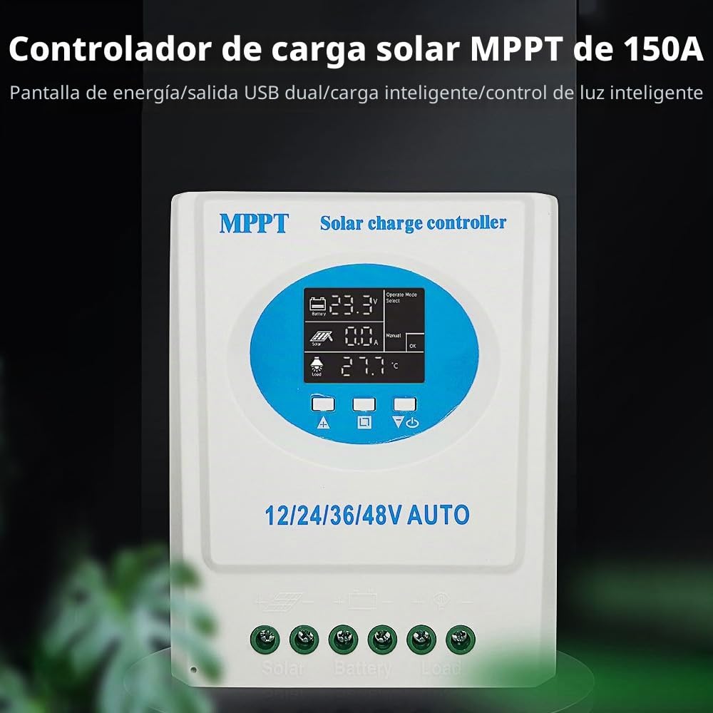 Controlador de carga solar MPPT 150A 12V 24V 36V 48V Controlador de carga de adaptación automática con Blacklight LCD Regulador inteligente para la batería de litio de plomo Dual (100A)