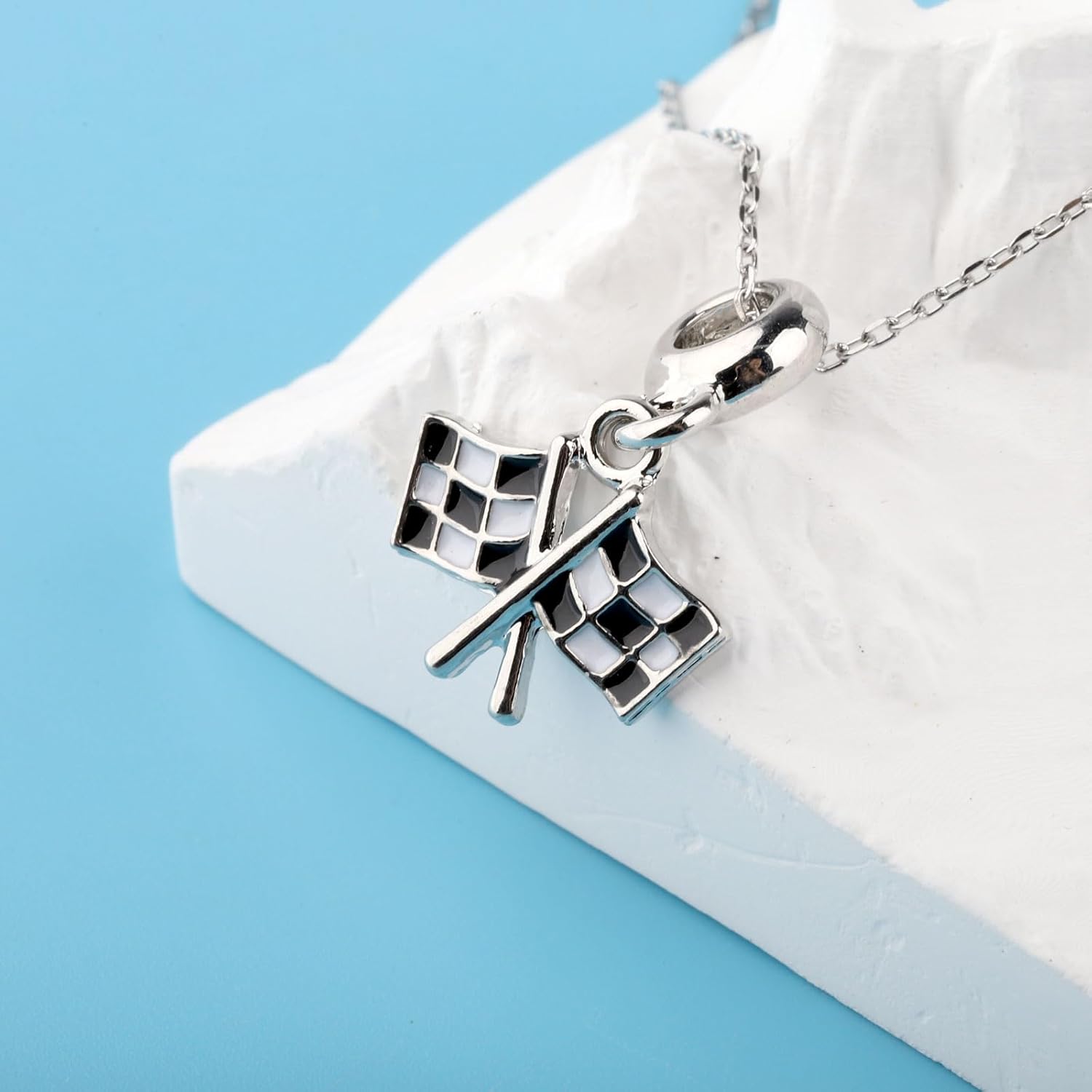 FUSTMW Checkered Flag Necklace Black and White Racing Flag Pendant Race Car Gifts for Racers Jewelry Racing Fans Gifts - Image 4