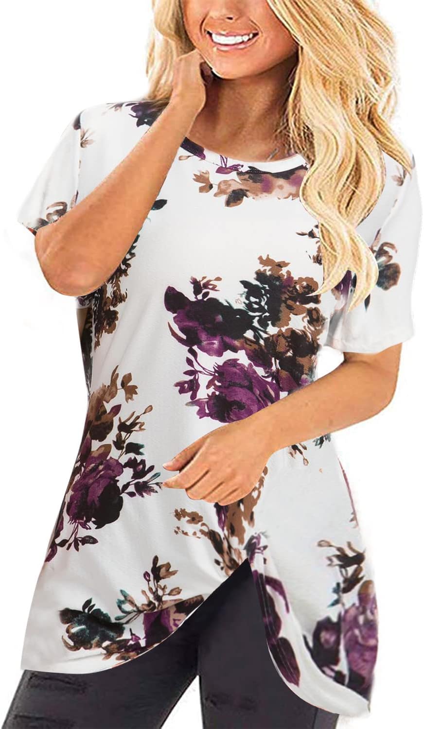 Women's Short Sleeve Tops Knot Twist Front Floral Tops Loose T Shirt Summer Tops Blouses Tunic