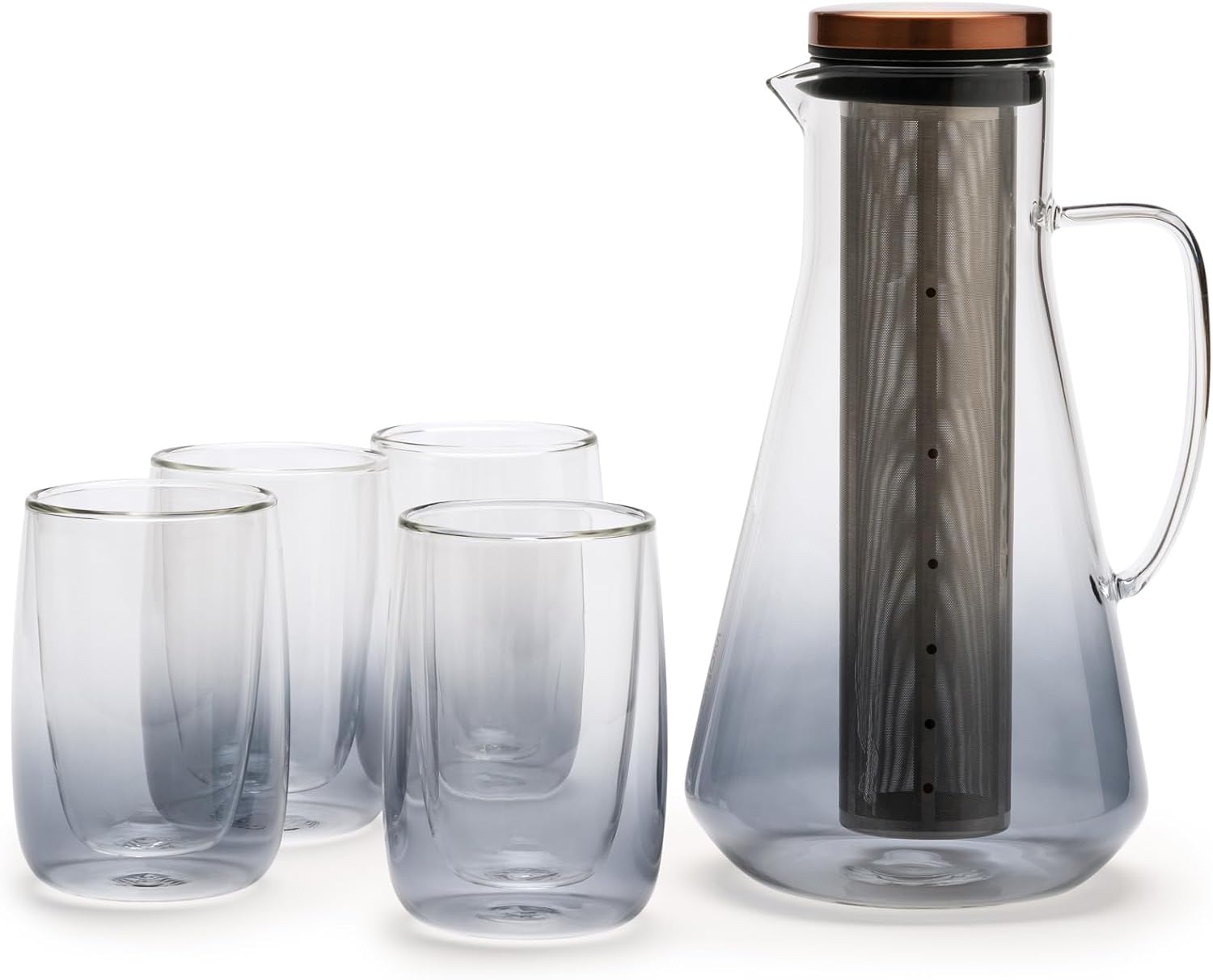 OHOM Sio Cold Brew Coffee Pitcher & Dual-Wall Glass Set Bundle – 54 oz Borosilicate Cold Infusion Pitcher with Stainless Steel Filter + Set of 4 Insulated Glass Cups for Coffee, Tea & Iced Drinks