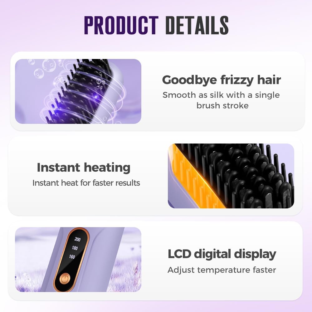 Portable Straightener Brush for Short Hair, 2026 New Ceramic Hair Dressing Comb for Travel with LCD Temperature Display, Fast Heating Mini Brush Styling Tool for Women (Purple) - Image 5