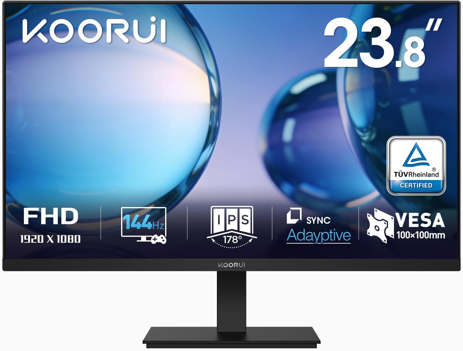 - KOORUI E2411K 24" FHD IPS Monitor, 144Hz Adaptive Sync, Eye Care, Tilt Adjustable, HDMI & VGA, VESA Mount, Ideal for Home Office, Streaming and Casual Gaming