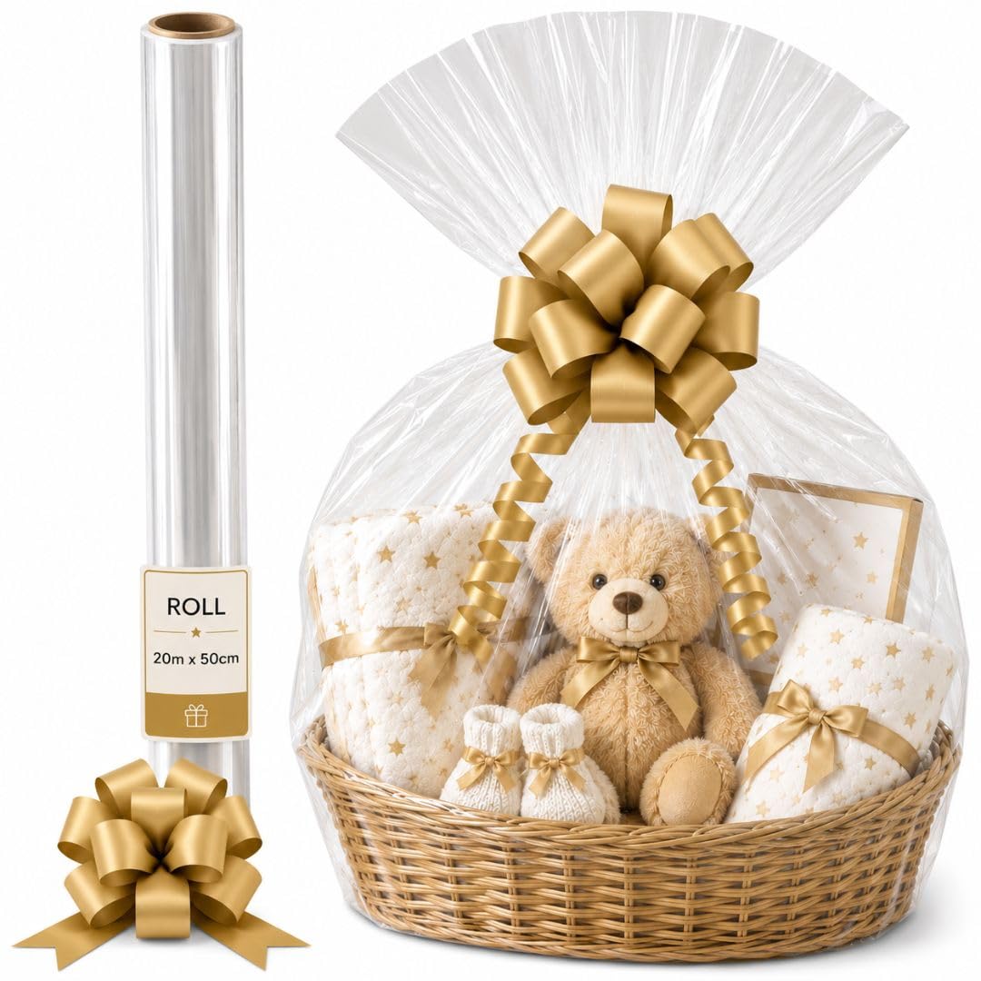 Clear Cellophane Wrap Roll 20m x 50cm with Gold Pull Bow – Cellophane Wrap for Hampers Gift Baskets & Presents