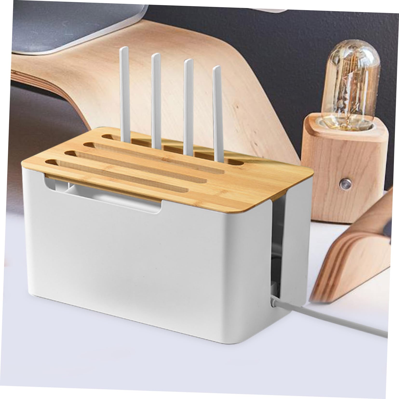 Operitacx Caja de Almacenamiento para Cables y Enchufes Organizador de Cables Hogar Caja de Regleta con Tapa de Bambú para Mesitas de Noche y Decodificadores