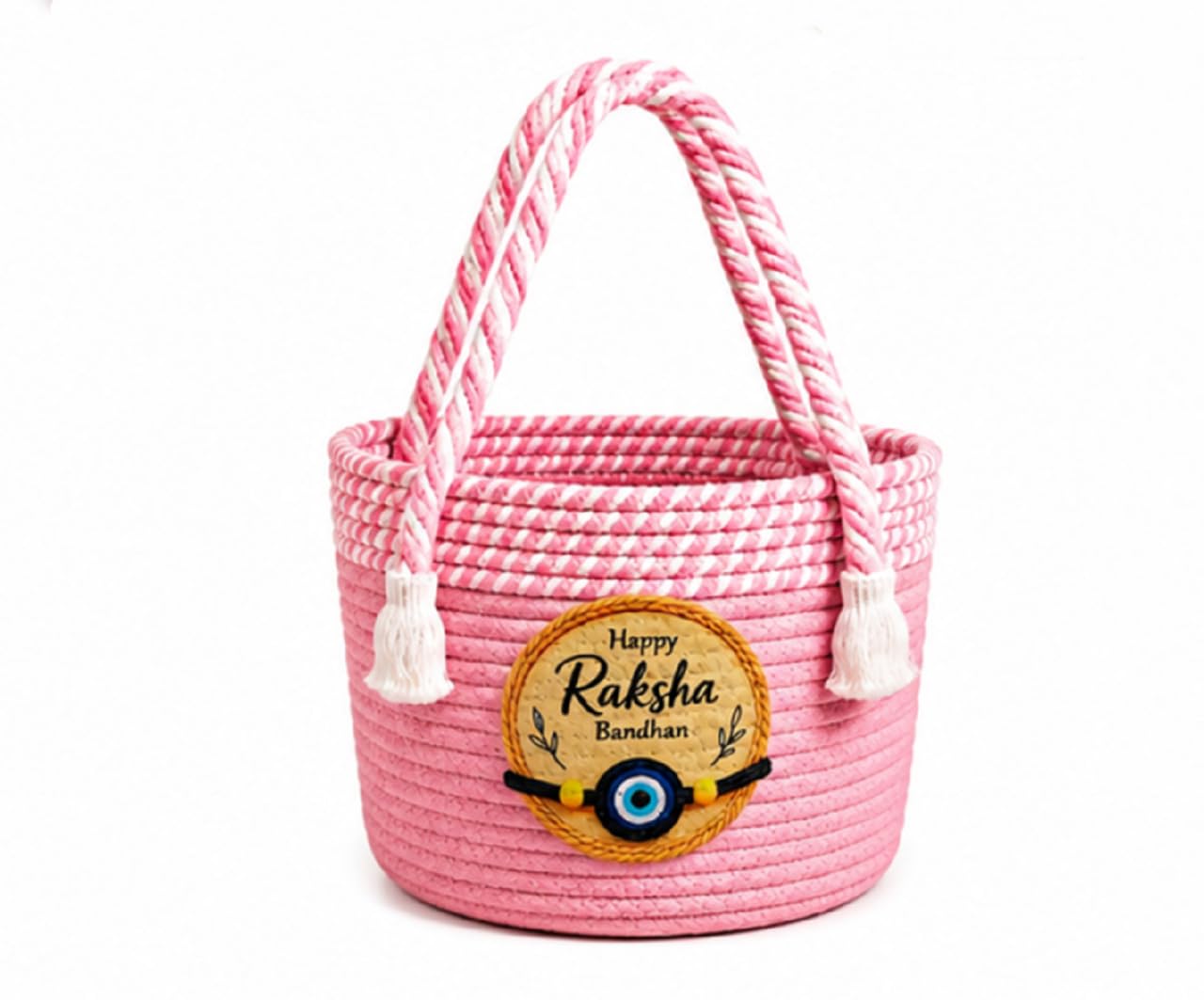 BROOM Raksha Bandhan Gift Hamper Basket | Handmade Cotton Rope Storage Basket with Handle | Decorative Organizer for Chocolates, Dry Fruits, Return Gifts, Home Decor & Festive Celebration (Light Pink)-image-22