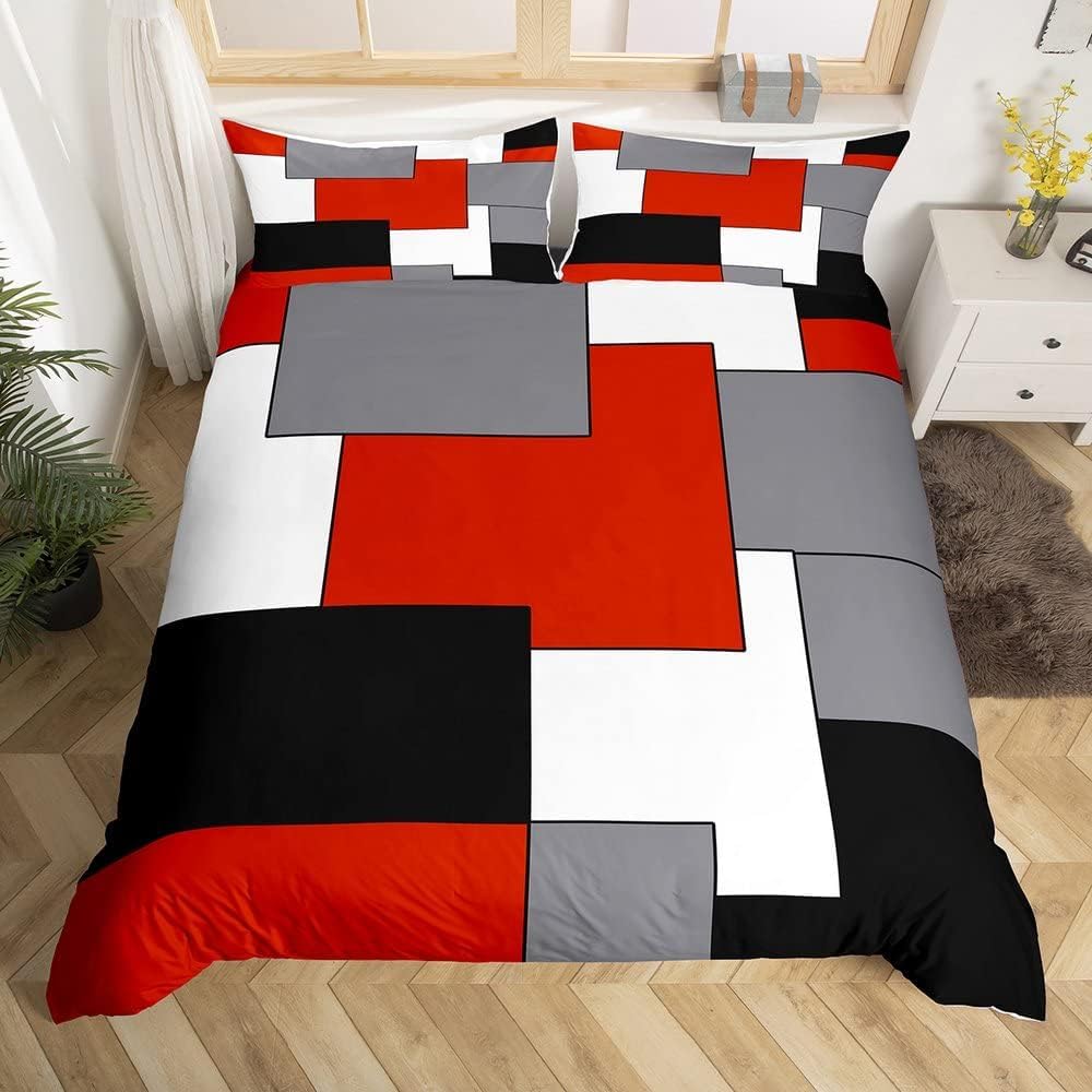 Homewish Juego de funda de edredón para adolescentes, tamaño super king, diseño geométrico cuadrado, líneas de rayas, para jóvenes, funda de edredón de cuadrícula abstracta moderna, suave, para niños
