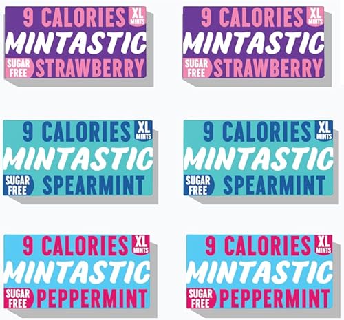 Mintastic® Variety Flavours XL Mints | 9 Calories | Sugar Free Mints | Erythritol | Low Calorie | Aspartame Free | Plant Based | 6 Packs (108 Mints Candy) Peppermint, Spearmint, Strawberry