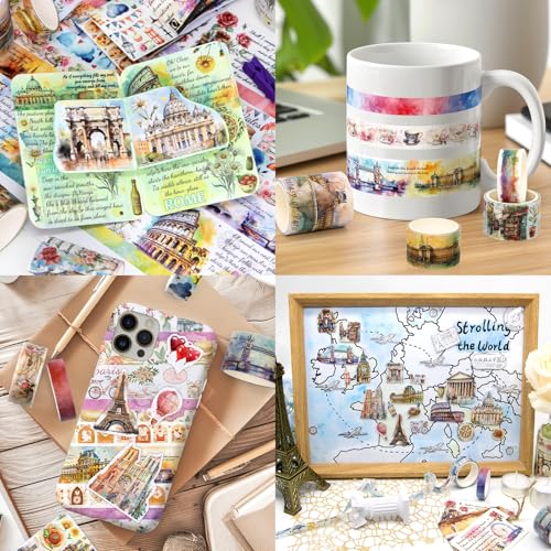 MPOPUUL Conjunto de Fitas Washi com 18 Rolos- Fita Adesiva Decorativa de Turismo Europeu para Regist