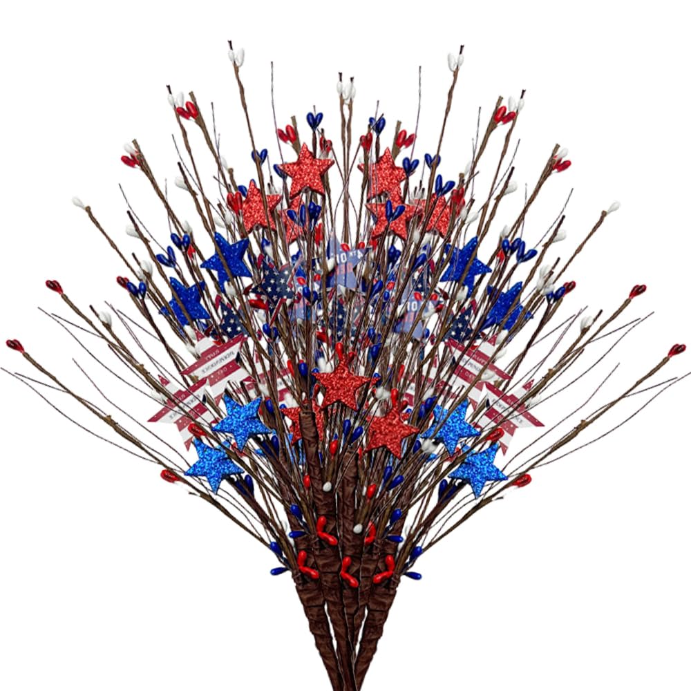 6 Pcs Glitter Patriotic Artificial Berry Stem Picks Red White and Blue Artificial Art Flowers Berry 4th of July Floral Picks for Bouquet Garland Table Centerpieces Home Decor (G)