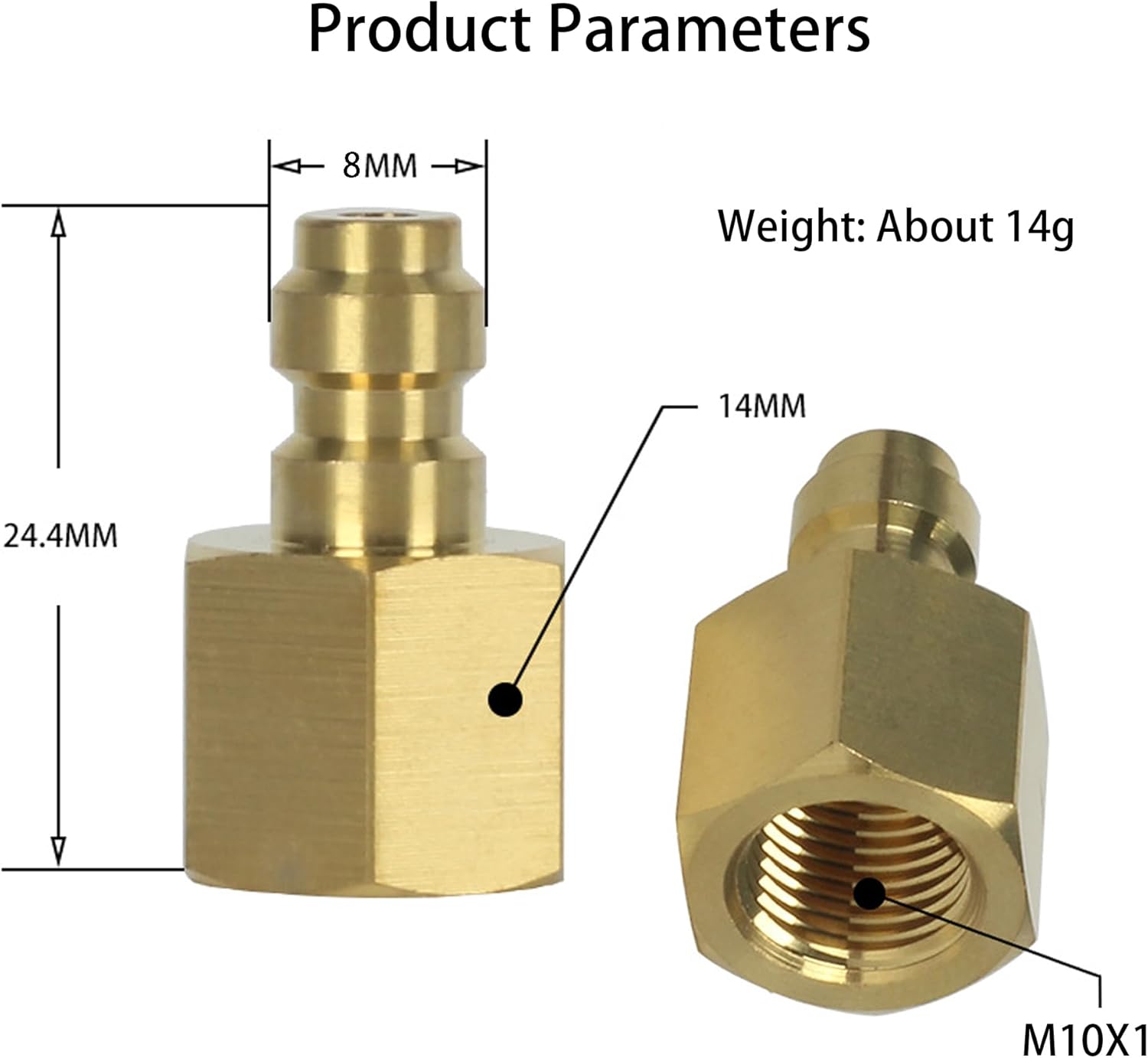 8mm Quick-Disconnect Plug Adapter, Copper M10X1 Female Thread, PCP Paintball Charging Fittings with Sealing O-Ring