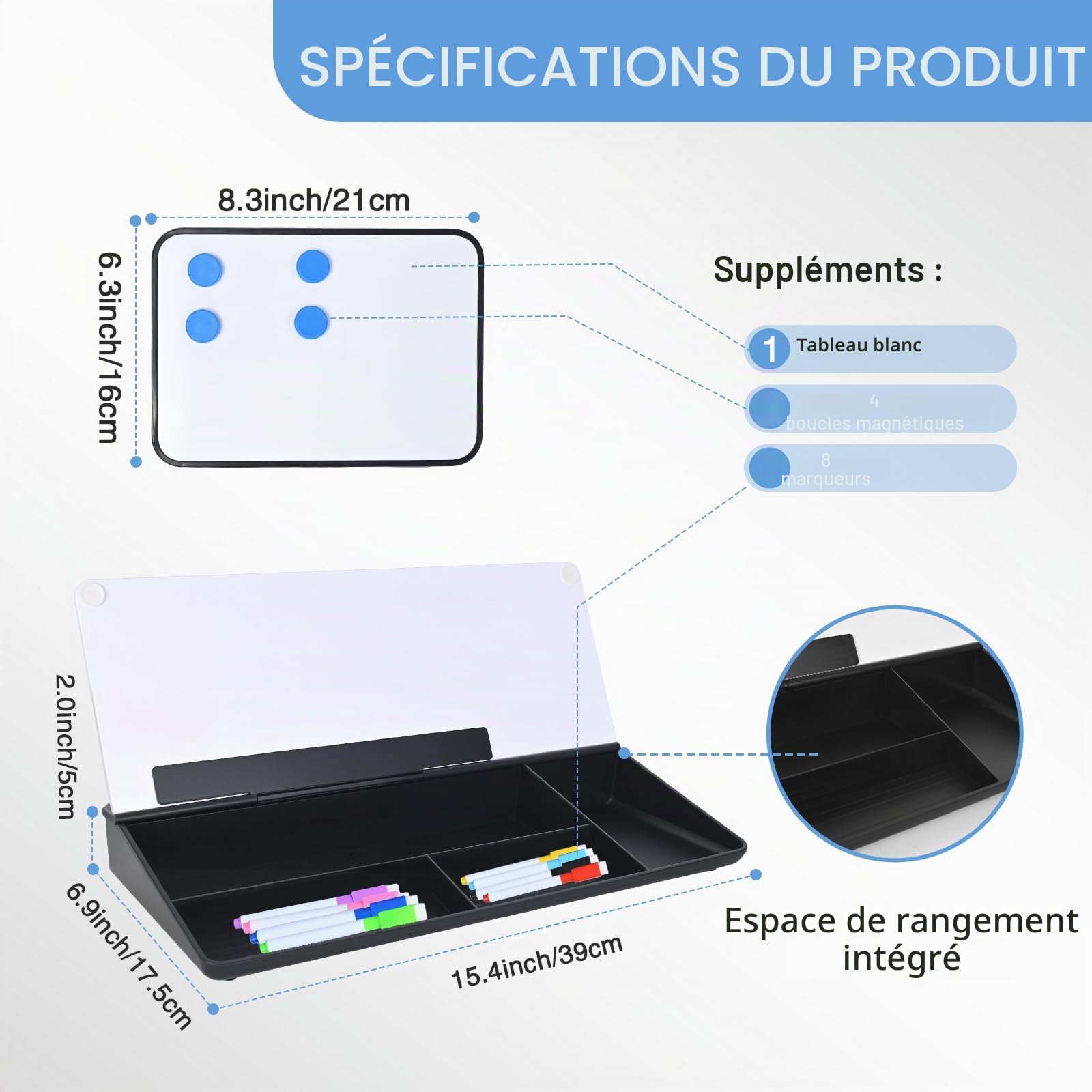 Hivexagon Tableau blanc de bureau avec 4 compartiments pour téléphone et tablette + mini tableau blanc magnétique supplémentaire et accessoires, parfait pour les mémos et listes de choses à faire