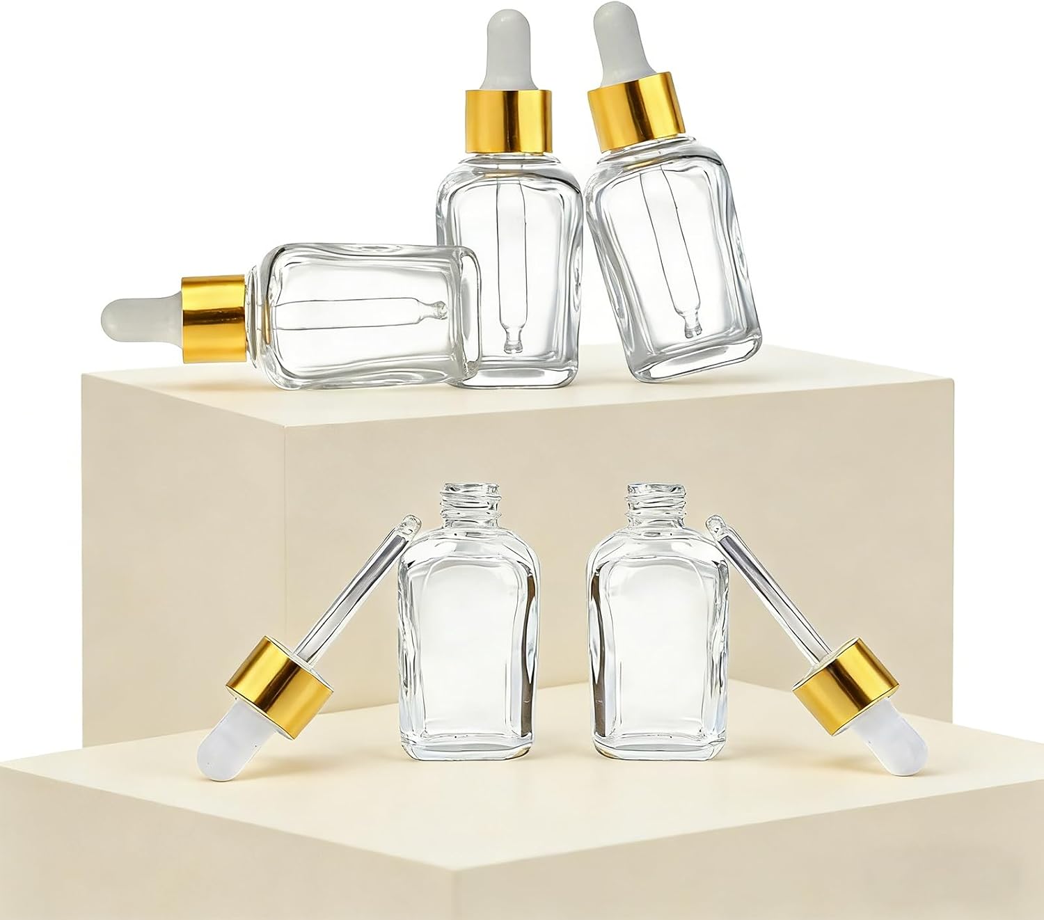 12Pcs 15ml Square Dropper Bottles for Essential Oils, 15ml Square Glass Bottles with Eye Droppers,Tincture Bottles,for Essential Oils,Liquids,perfume Travel (Clear/Gold cap, 15ml)