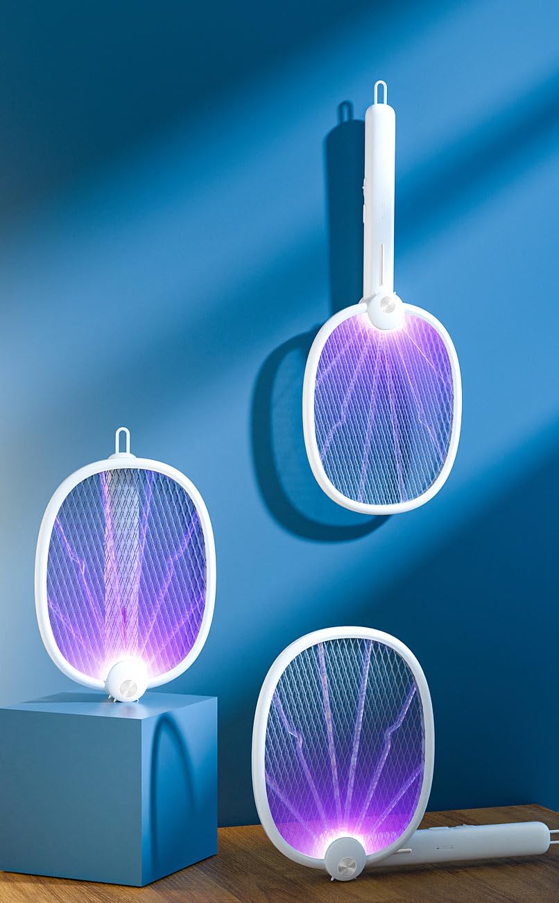 Exbuster Insekten-Schutze: 4er-Set 2in1-Akku-Insektenvernichter & Fliegenklatschen mit UV-LEDs (Fliegenklatsche ohne Flecken, Anti-Mücken-Lampe, Motten)