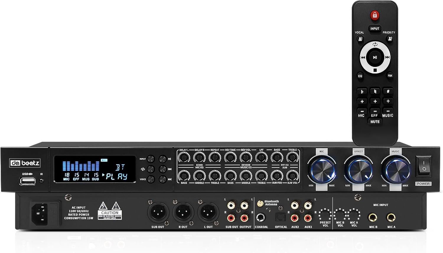 DaBeatz KT900DSP Karaoke Preamp Effector, Professional Digital Audio Processor with Echo, Anti-Howling, USB MP3, Bluetooth & Optical Input, Mic Input & Remote Control for KTV, Stage, Church, Home-image-8