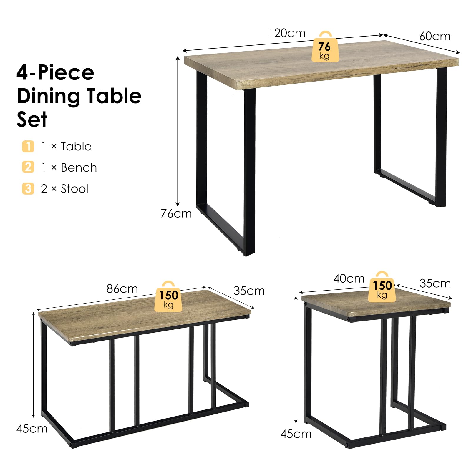 RELAX4LIFE Tavolo da Pranzo 4 Pezzi, Set Tavolo Cucina con Panca 2 Sgabelli, Tavolo da Bar con Struttura in Metallo, Gruppo Sedute per 4 Persone, Design Industriale, Rovere Grigio