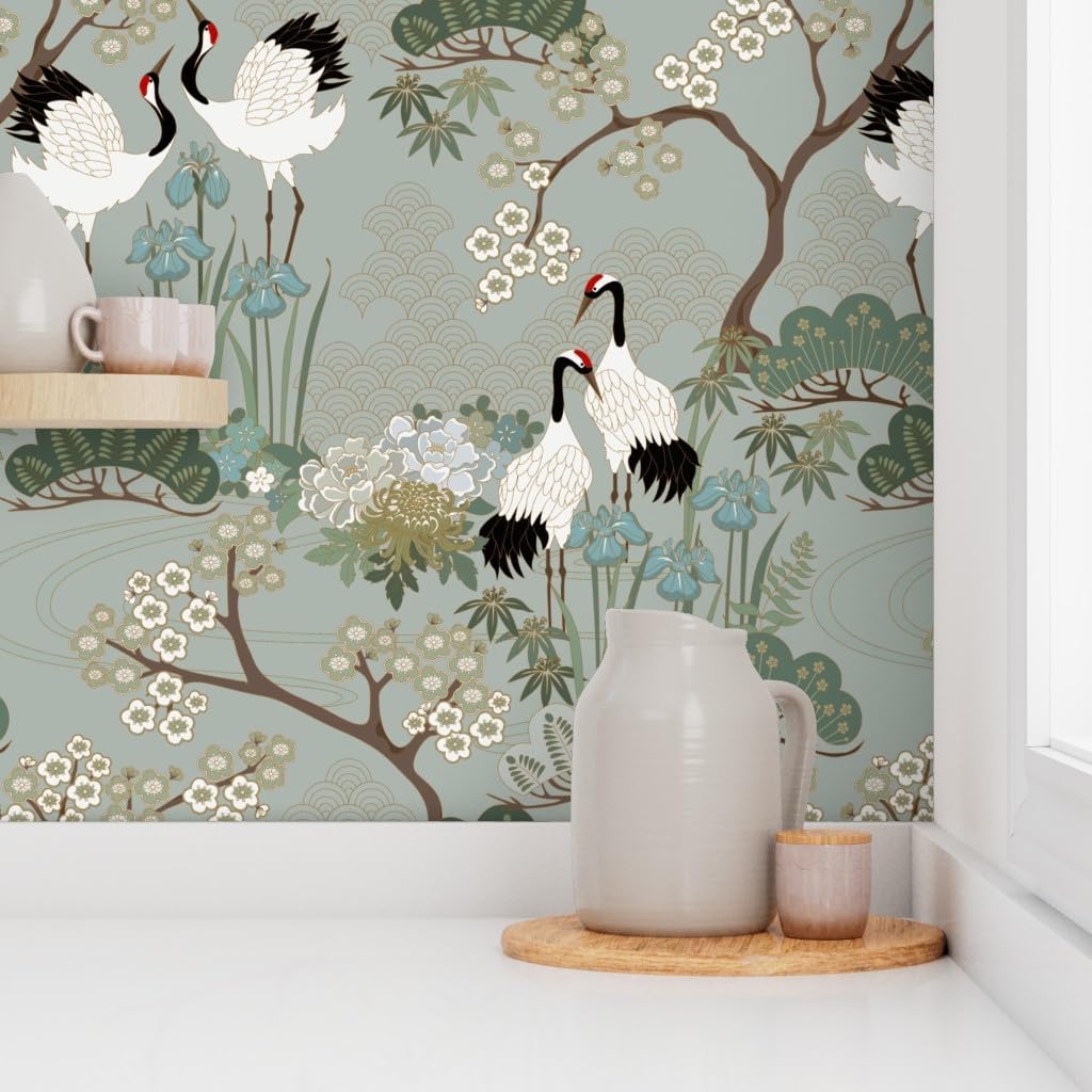 Spoonflower Peel & Stick Wallpaper 9ft x 2ft - Japanese Garden Florals Birds Cranes Asian Sage Cherry Blossom Custom Removable Wallpaper