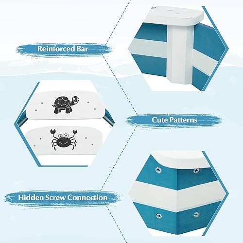 Miniatura 10 de Costzon Caja de arena para niños, caja de arena hexagonal grande de madera de cedro con 6 asientos esquineros integrados, estación de arena de