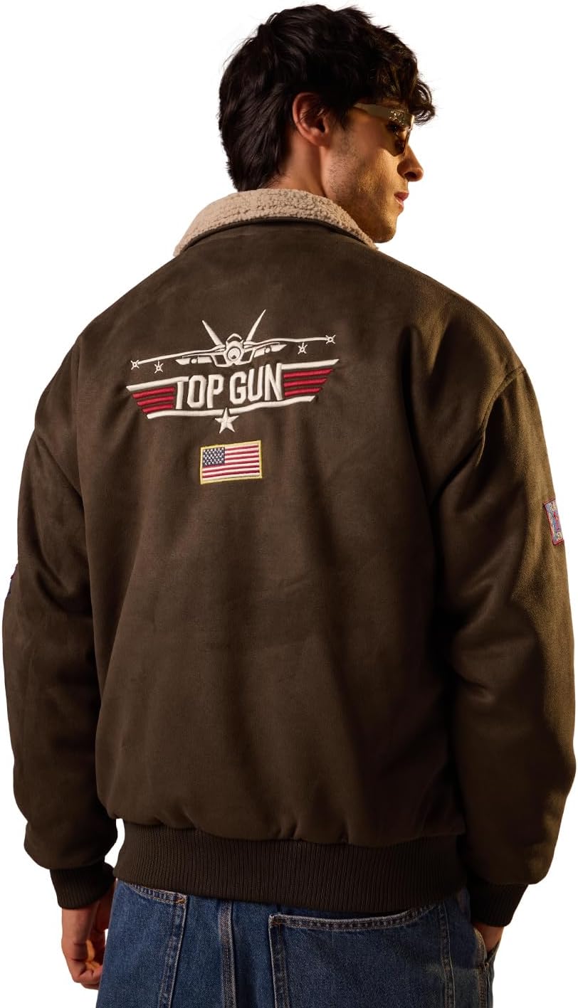The Souled Store Top Gun: Maverick Men and Boys Long Sleeves Collared Neck Button Front Brown Embroidered Polyester Oversized Jackets