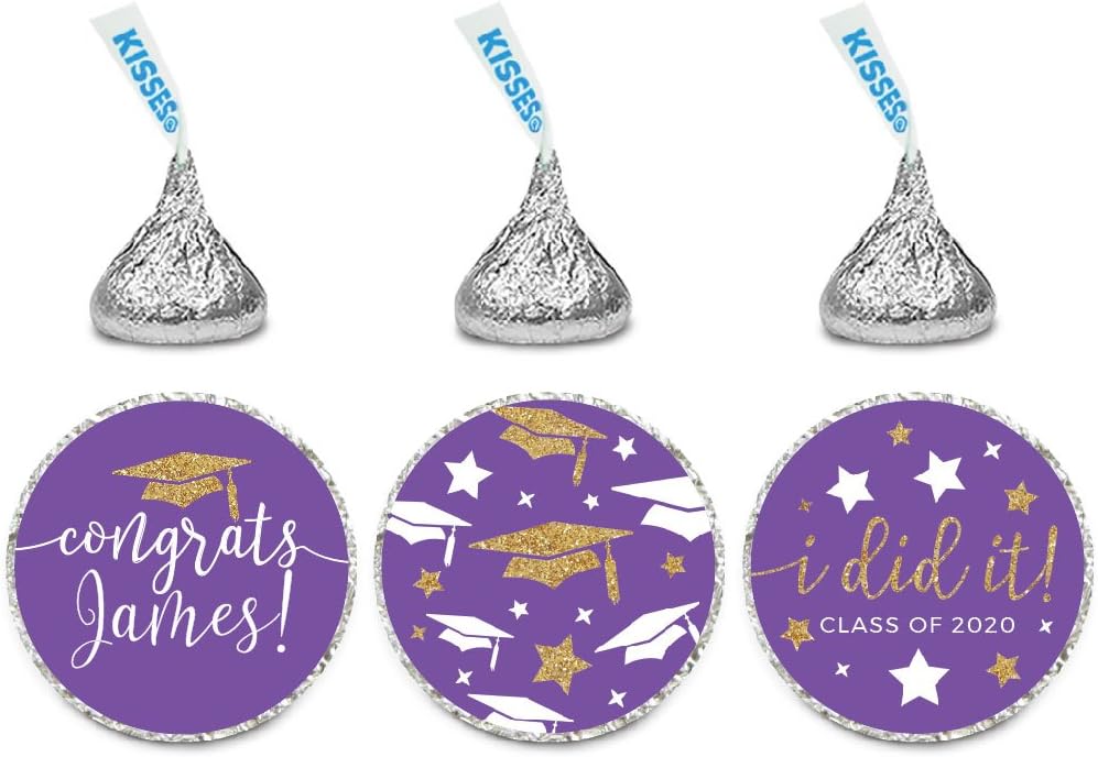 Andaz Press Royal Purple and Gold Glittering Graduation Party Collection, Personalized Chocolate Drop Label Stickers Trio, 216-Pack, Custom Name, Fits Kisses Party Favors
