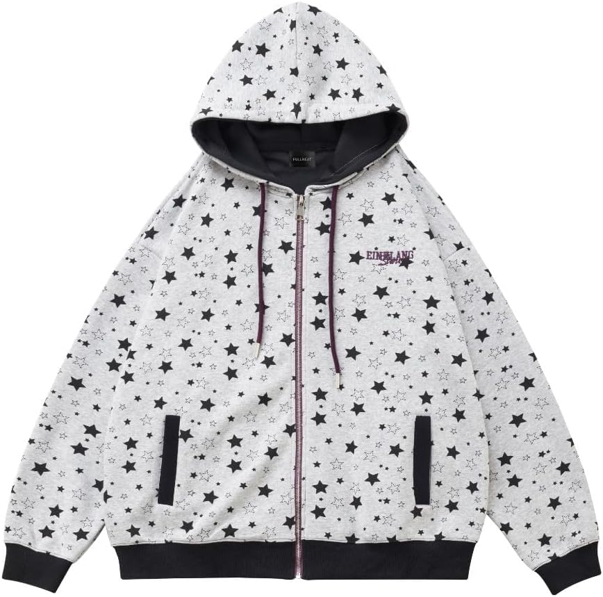 Women's Zip Up Hoodie Unisex Oversized Streetwear Star Print Sweatshirt with Drawstring Hood & Pockets