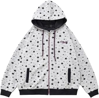 Womens Zip Up Hoodie Unisex Oversized Streetwear Star Print Sweatshirt with Drawstring Hood & Pockets
