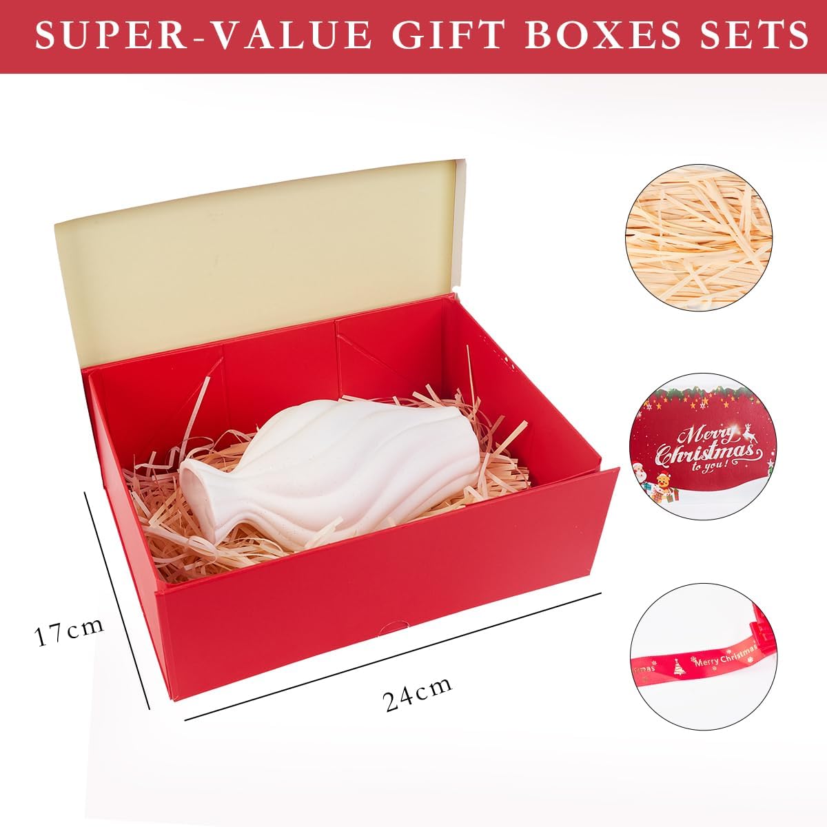 ZJHiome Large Christmas Boxes with Lids for Present,11.3x8.2x4.1In Christmas Boxes for Gifts with Card,Ribbon and Crinkle Paper (White) image 4