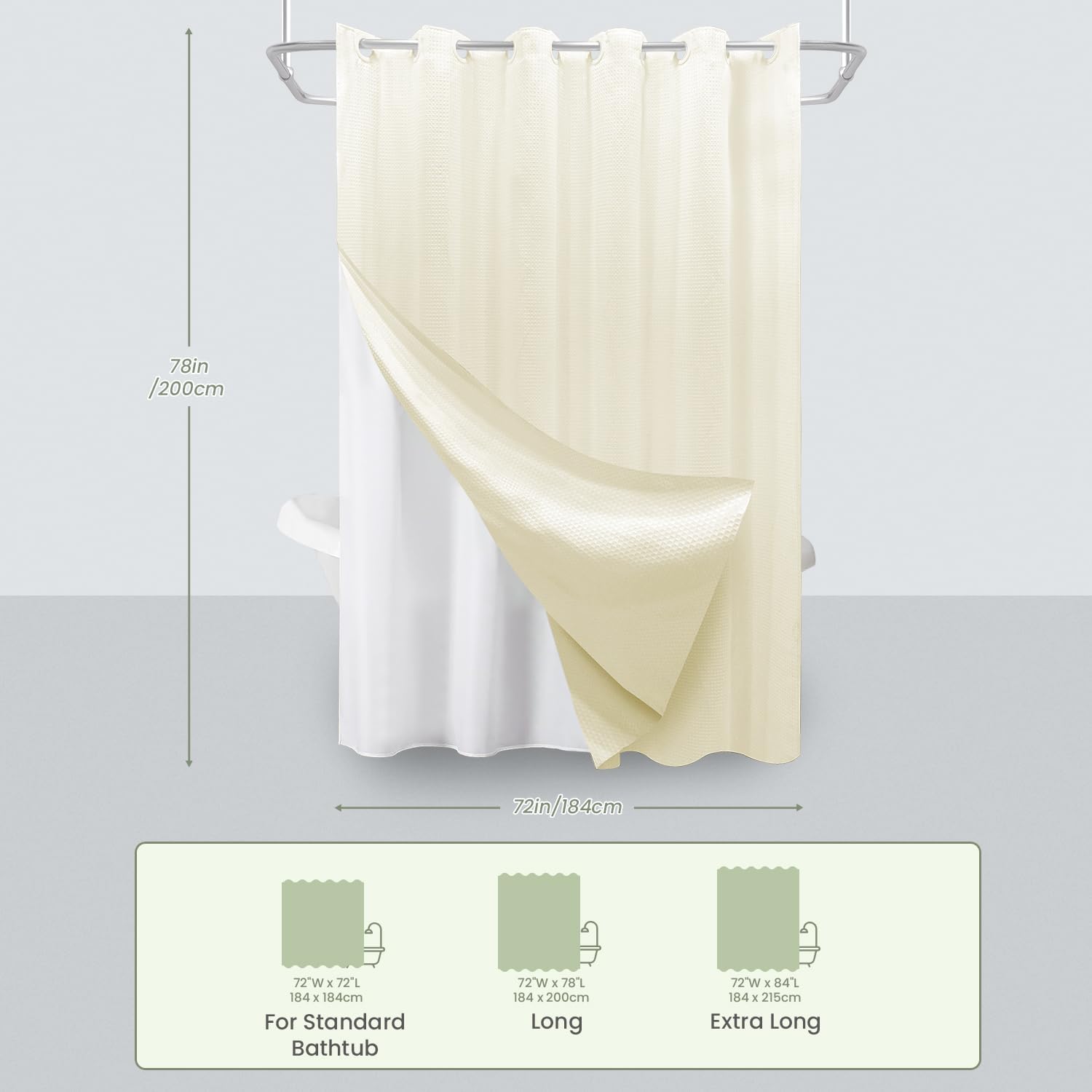 Inhousolu No Hook Waffle Weave Shower Curtain with Removable Snap in Fabric Liner Set for Bathroom, 230 GSM Heavy Duty Weighted Hem, Water Repellent Washable Bath Curtains, 72 x 78 Inch, Ivory