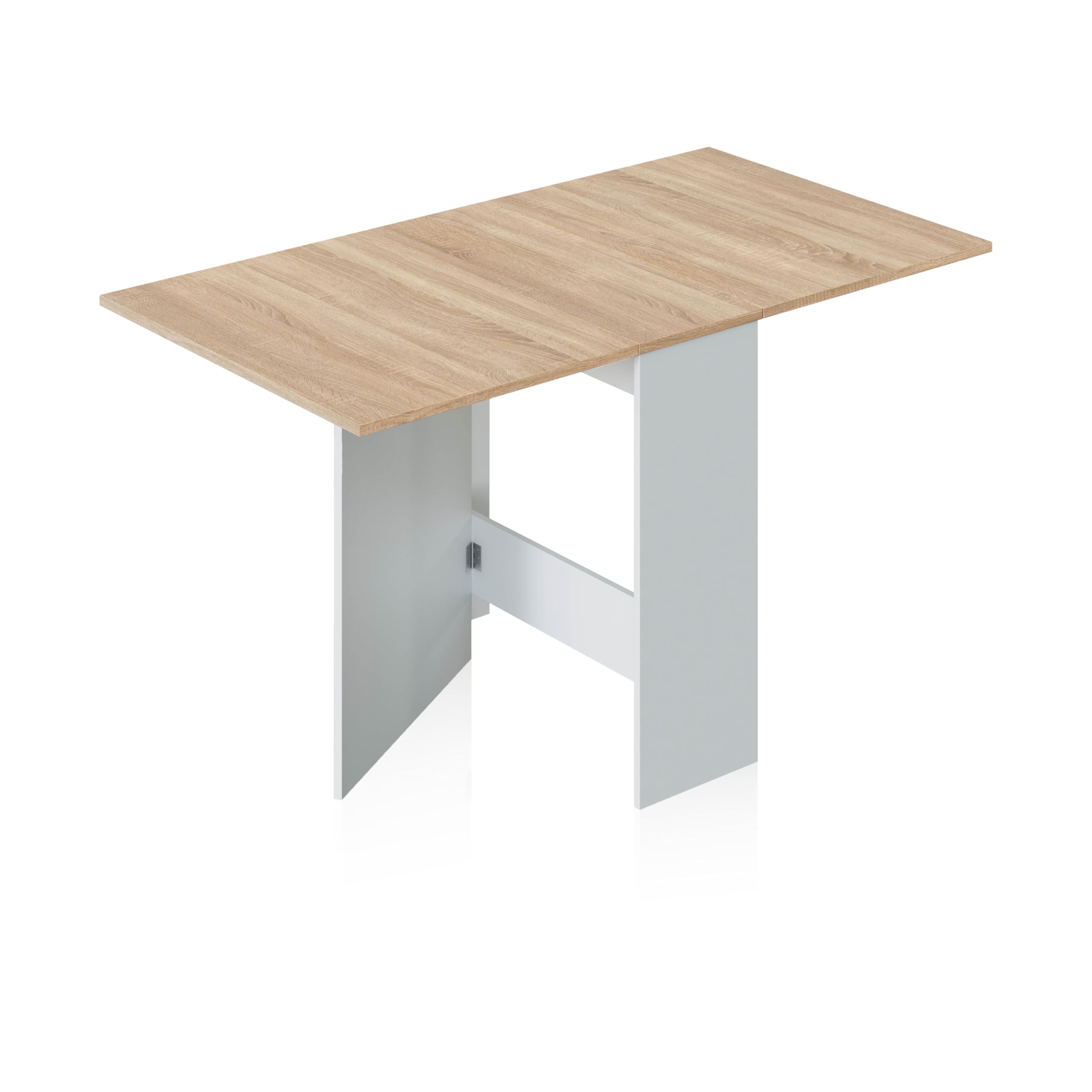 duehome | Mesa Auxiliar con Alas Abatibles, Mesa Cocina, Acabado en Color Blanco Artik y Roble Canadian, Modelo Nolix, Medidas: 77 cm (Largo) x 31-140 cm (Ancho) x 79 cm (Alto)