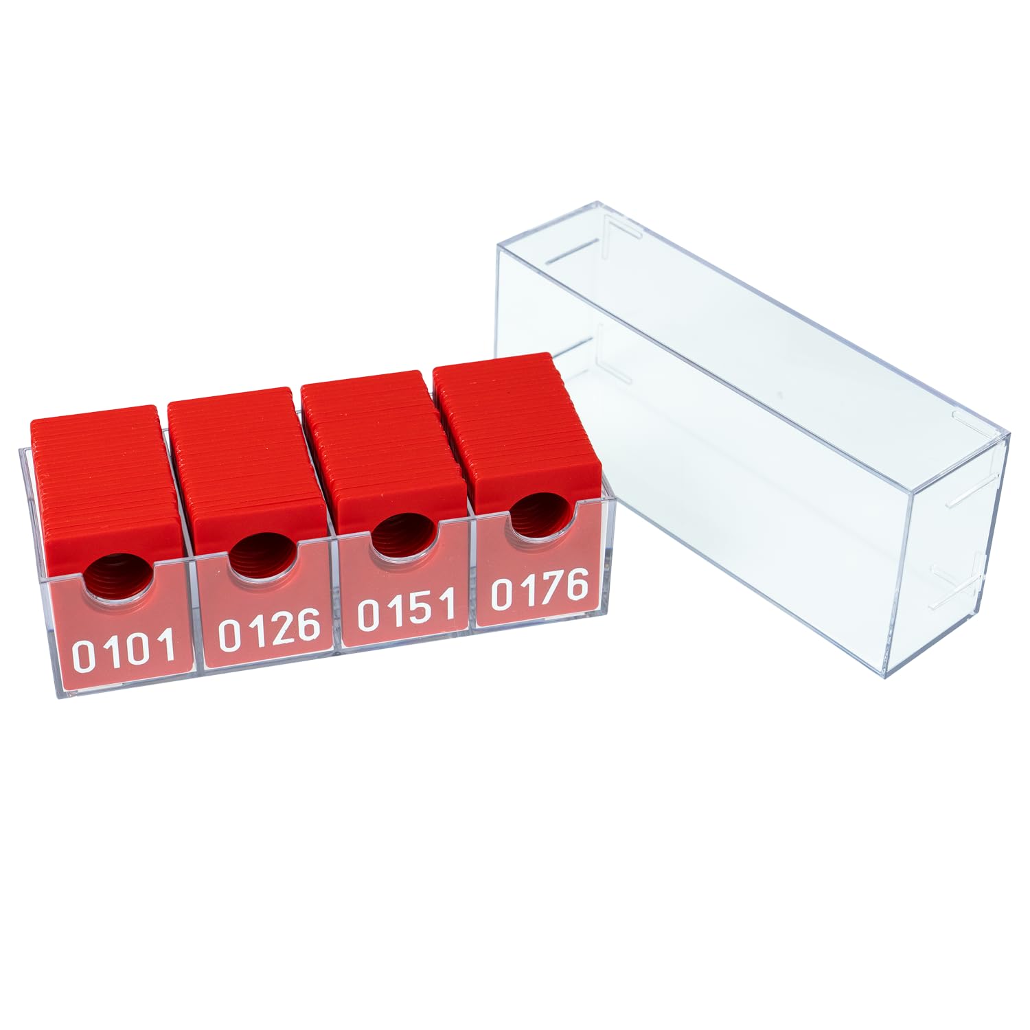 5 Stück leere Aufbewahrungsboxen für Geprägte Garderobenmarken, transparent Kunststoff, Rechteckig, 170 x 68 x 63 mm, 4 Fächer, Stapelbar