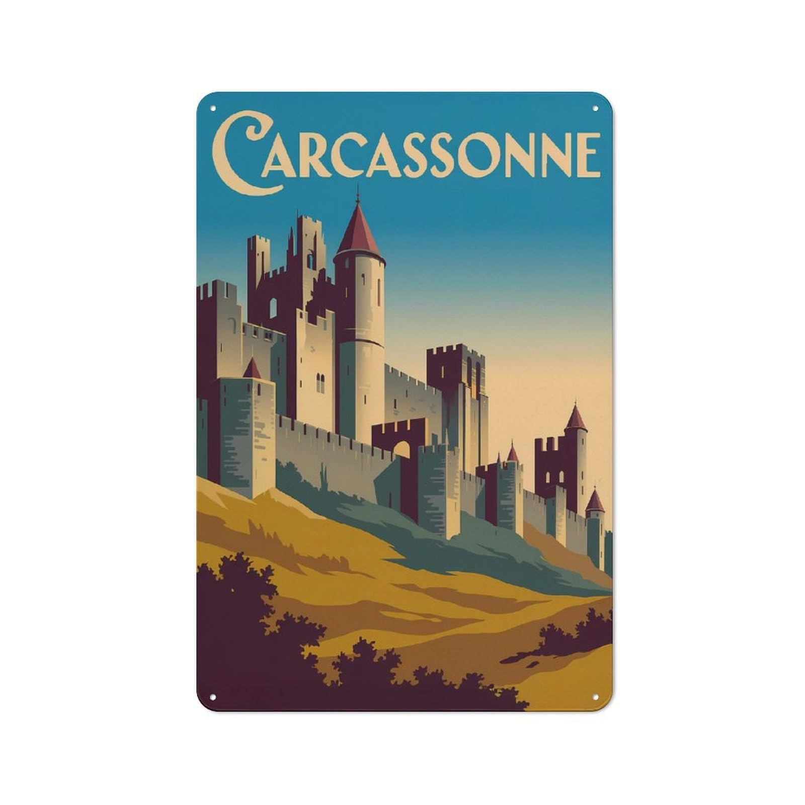 Junmoney Style-6 Casual Carcassonne Castle Vintage Travel Shed Metal Sign 30X20cm, Utility Space Decor For Shed, Garden Room, Porch Or Garage